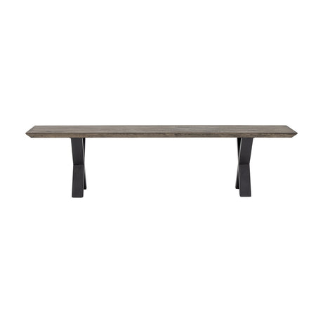 Maldon Wooden Bench in brown oak with a long rectangular top showing visible grain and knots, set on black X-shaped iron leg frames, shown on a plain white background.