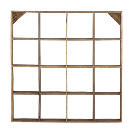 Tilo Wooden Wall Shelf 70x70cm in brown reclaimed wood, a square grid frame with 16 open compartments and triangular corner braces, shown on a plain white background.