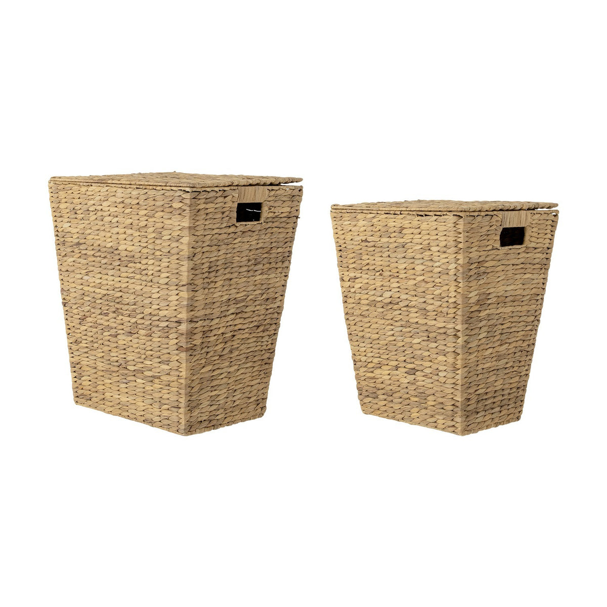 Mios Water Hyacinth Laundry Baskets, set of two tapered natural wicker hampers with hinged lids and cut-out handles, shown on a plain white background.