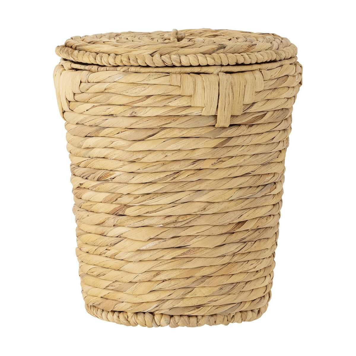 Peri Water Hyacinth Basket with Lid in natural, a round tapered storage basket with twisted rope weave, plaited lid edge and knotted loop handle, shown on a plain white background.