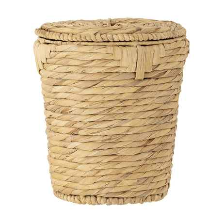 Peri Water Hyacinth Basket with Lid in natural, a round tapered storage basket with twisted rope weave, plaited lid edge and knotted loop handle, shown on a plain white background.