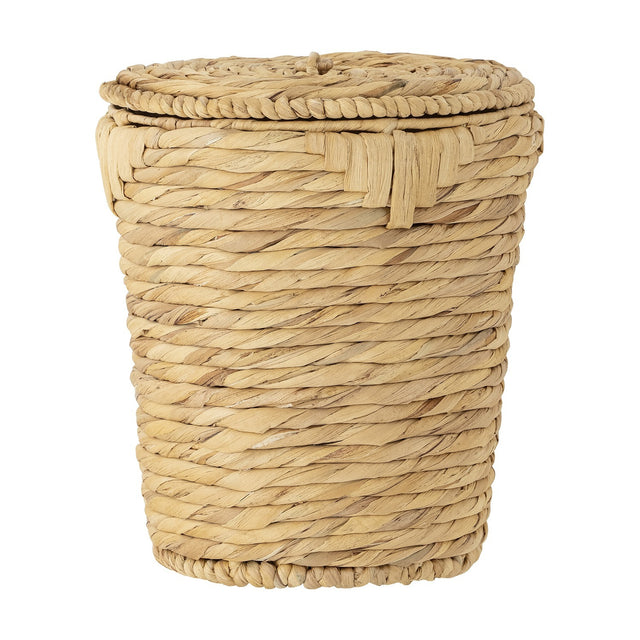 Peri Water Hyacinth Basket with Lid in natural, a round tapered storage basket with twisted rope weave, plaited lid edge and knotted loop handle, shown on a plain white background.