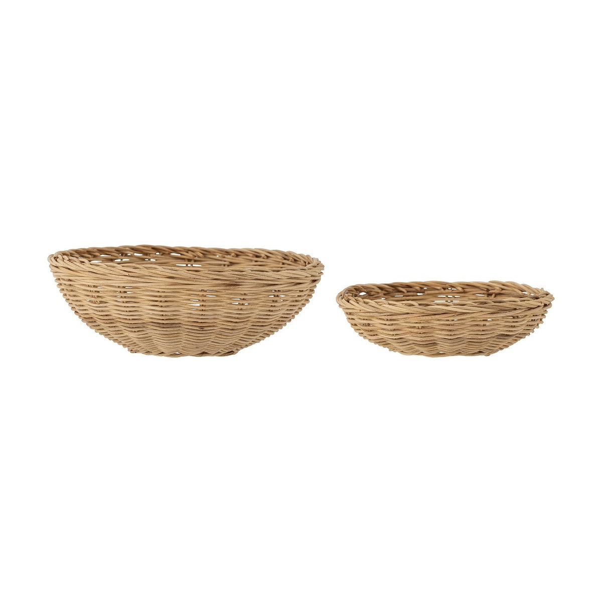 Kell Rattan Baskets Set of 2 in natural woven rattan, a deep round basket and a smaller shallow basket with twisted rims, shown on a white background.