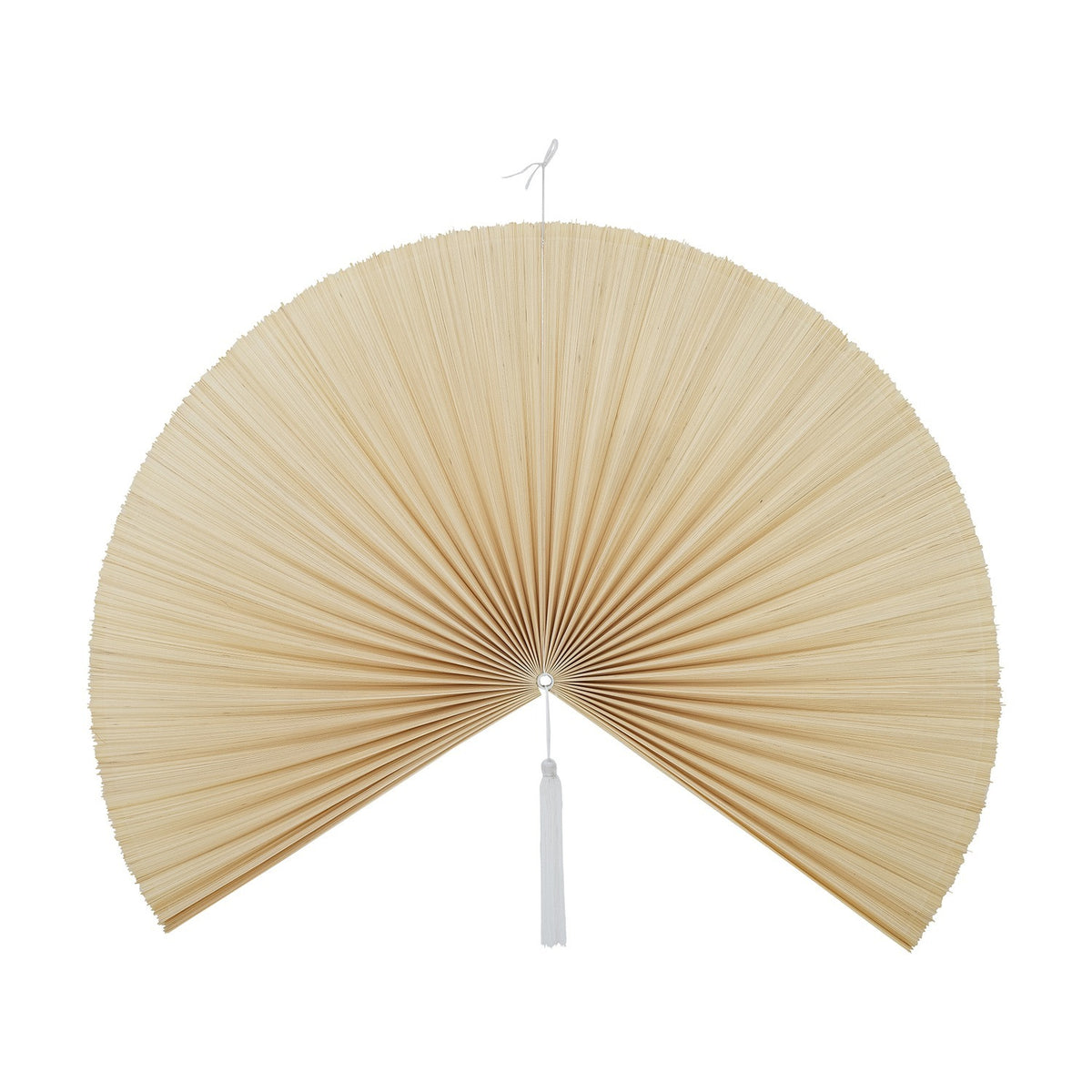 Jaime Bamboo Wall Decor 110cm in natural finish, a pleated bamboo fan shape with a white tassel hanging from the centre, shown on a plain white background.