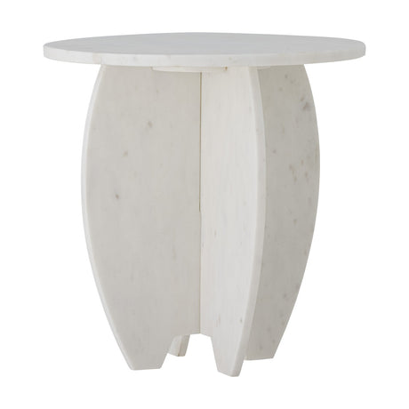 Sendai Marble Pedestal in white, a round-top side table on four curved cross-shaped legs with natural veining, shown on a plain white background.