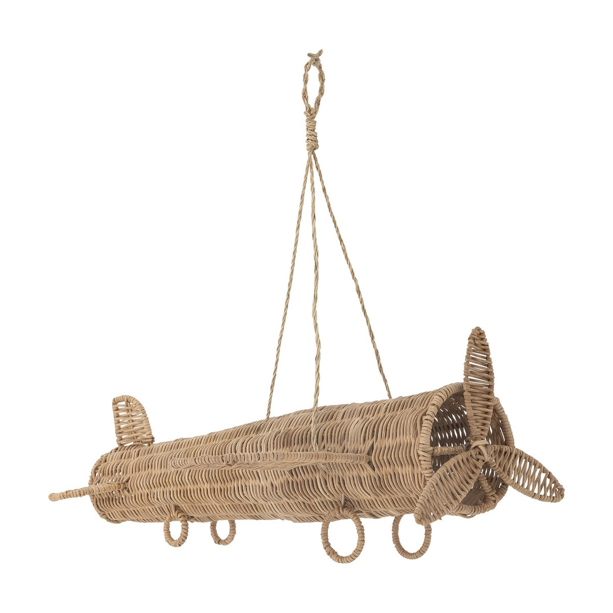 Balazar Rattan Baby Mobile in natural finish, a woven aeroplane shape with wings, tail fin, propeller and hoop wheels, hung from braided cord on a white background.