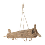 Balazar Rattan Baby Mobile in natural finish, a woven aeroplane shape with wings, tail fin, propeller and hoop wheels, hung from braided cord on a white background.