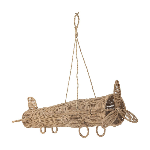 Balazar Rattan Baby Mobile in natural finish, a woven aeroplane shape with wings, tail fin, propeller and hoop wheels, hung from braided cord on a white background.