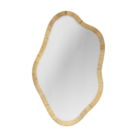 Ashlie Rattan Wall Mirror in natural rattan, 50x80cm, with an organic wavy outline and tightly coiled cane frame, shown on a plain white background.