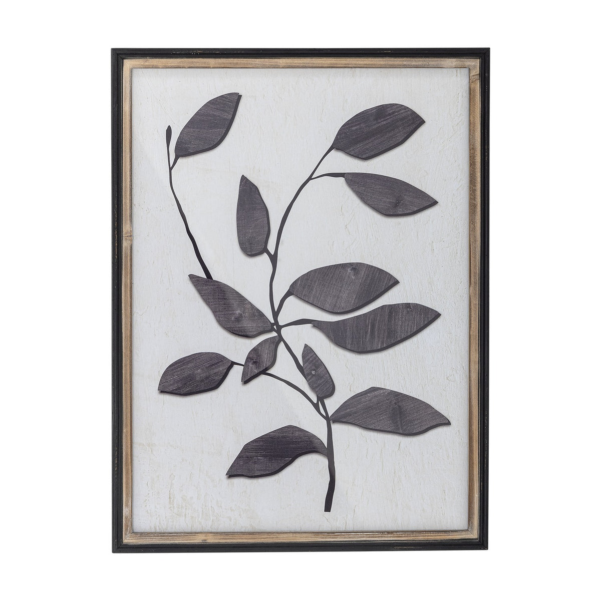 Lousa Wooden Framed Print in black, featuring a textured black branching leaf stem on white, framed in black with an inner wood border.