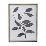 Lousa Wooden Framed Print in black, featuring a textured black branching leaf stem on white, framed in black with an inner wood border.