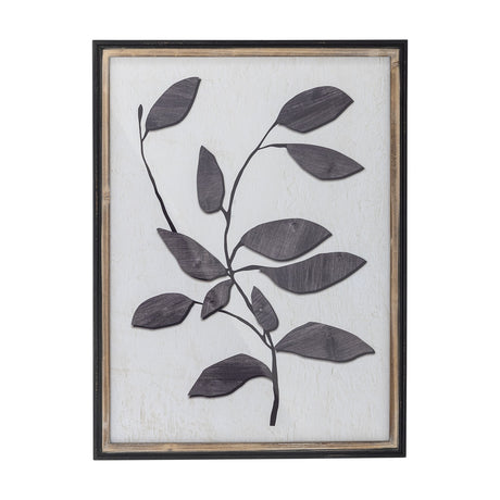 Lousa Wooden Framed Print in black, featuring a textured black branching leaf stem on white, framed in black with an inner wood border.