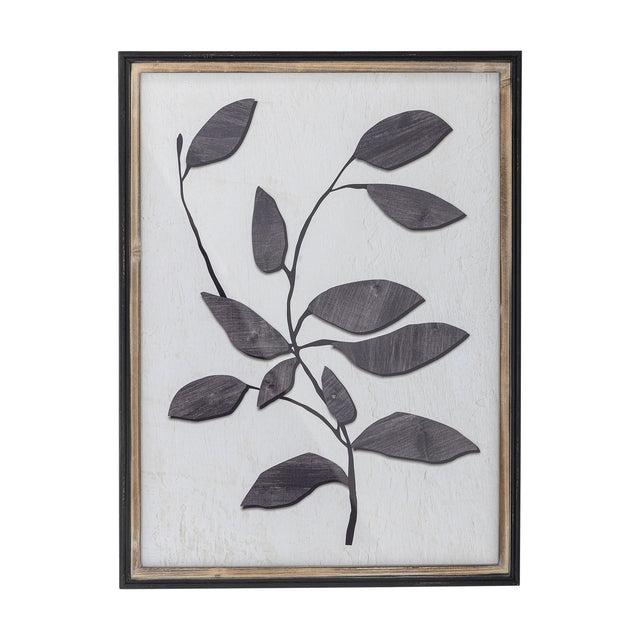Lousa Wooden Framed Print in black, featuring a textured black branching leaf stem on white, framed in black with an inner wood border.