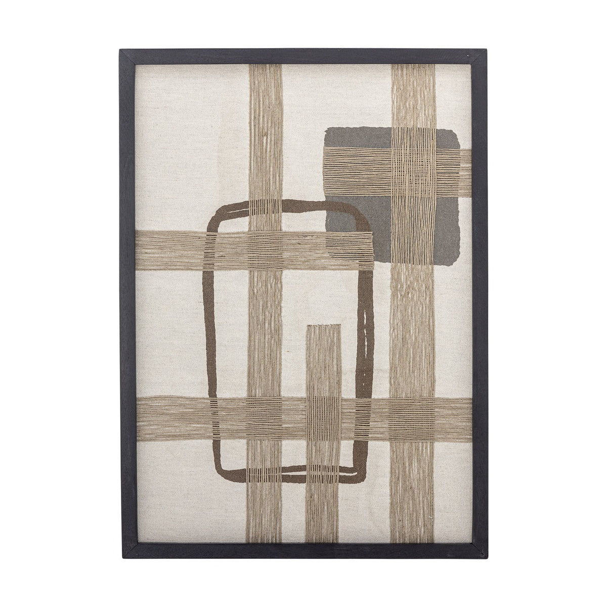 Beige Bie Geometric Cotton Wall Decor with a slim black frame, woven jute bands crossing in a grid over cotton, a rounded rectangle outline, and a grey square block, on a white background.