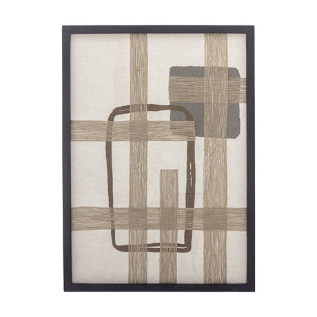 Beige Bie Geometric Cotton Wall Decor with a slim black frame, woven jute bands crossing in a grid over cotton, a rounded rectangle outline, and a grey square block, on a white background.