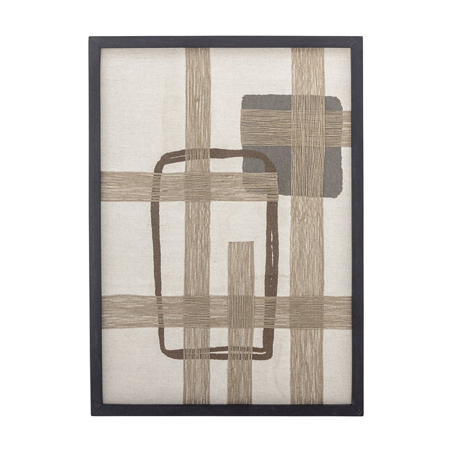 Beige Bie Geometric Cotton Wall Decor with a slim black frame, woven jute bands crossing in a grid over cotton, a rounded rectangle outline, and a grey square block, on a white background.
