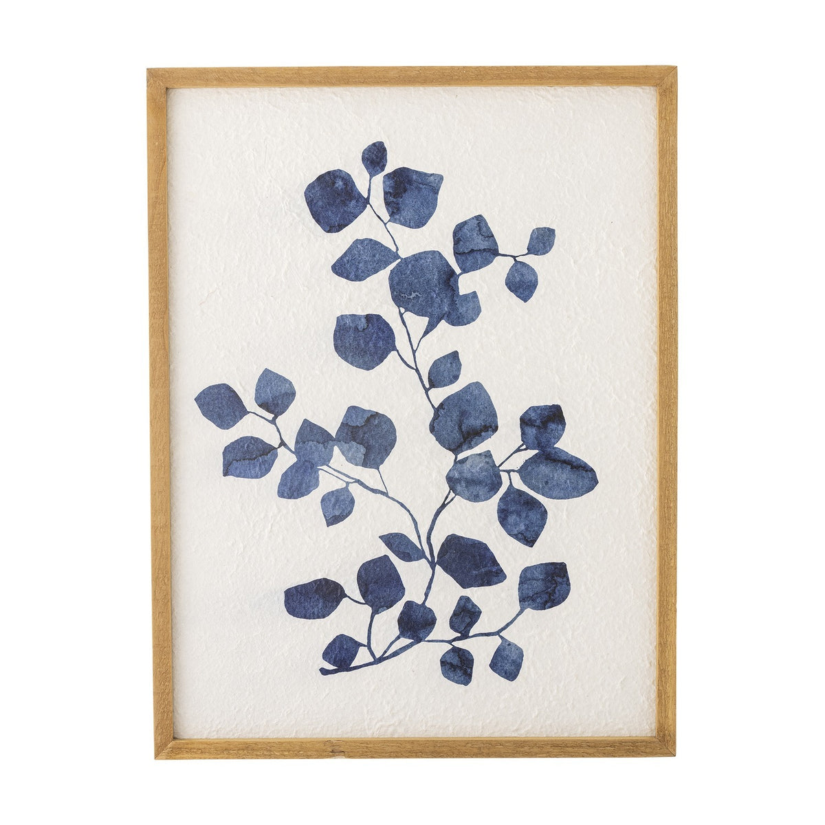 Gunnvor Wooden Wall Decor in Natural finish, a framed botanical print of navy blue watercolour-style leaves on a textured white paper ground with a slim wood frame.