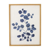 Gunnvor Wooden Wall Decor in Natural finish, a framed botanical print of navy blue watercolour-style leaves on a textured white paper ground with a slim wood frame.