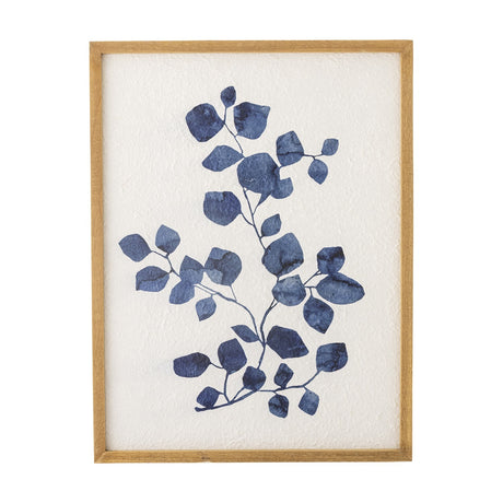 Gunnvor Wooden Wall Decor in Natural finish, a framed botanical print of navy blue watercolour-style leaves on a textured white paper ground with a slim wood frame.