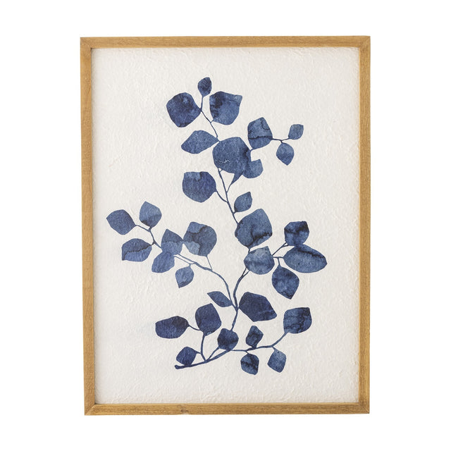 Gunnvor Wooden Wall Decor in Natural finish, a framed botanical print of navy blue watercolour-style leaves on a textured white paper ground with a slim wood frame.