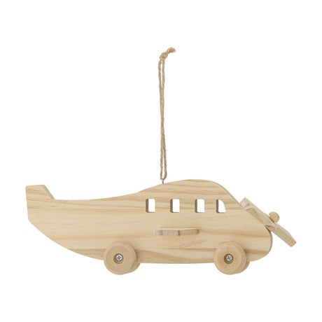 Plane Wooden Baby Mobile in natural pine with hemp hanging cord, featuring a rounded nose, two-blade propeller, tail fin, side window cut-outs and wooden wheels, shown on a plain white background.