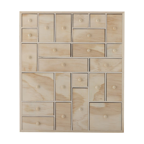 Valery Wooden Storage Box in natural pine and plywood, featuring multiple small drawers of varied sizes with round knobs, shown upright on a plain white background.