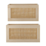 Piana Wooden Storage Boxes Set of 2 in natural pine with woven rattan front panels, shown in two closely matched sizes on a plain white background.
