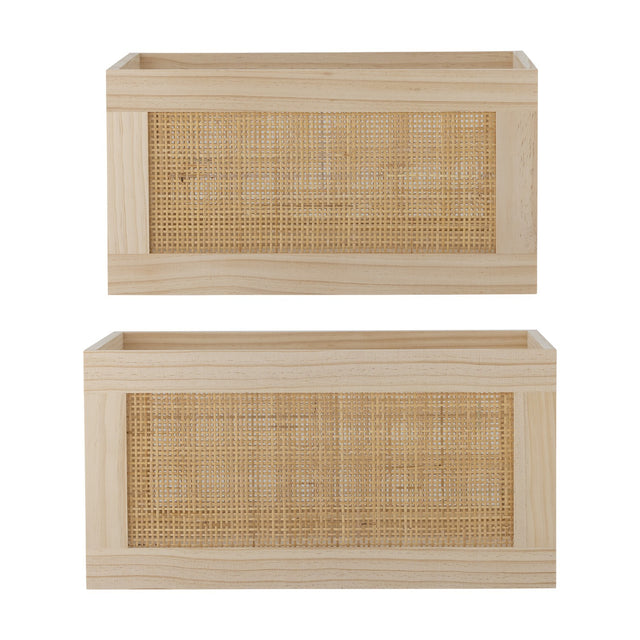 Piana Wooden Storage Boxes Set of 2 in natural pine with woven rattan front panels, shown in two closely matched sizes on a plain white background.