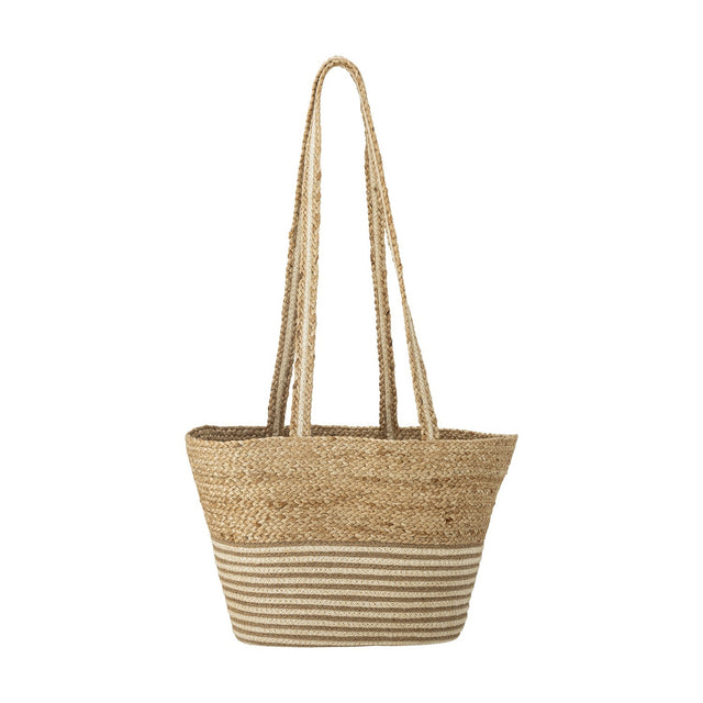Simona Jute Shopping Bag in natural jute with chunky braided upper body, striped woven lower band, and long double handles, shown on a plain white background.
