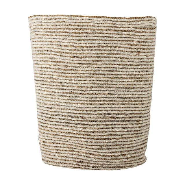 Selena Jute Basket in White, a tall round storage basket with alternating horizontal bands of white jute and natural seagrass, tapered base, and a braided rim, shown on a plain white background.