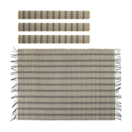 Mendo Bamboo Placemats Set of 4 in beige, rolled and flat views showing woven slats with dark striping and fringed edges on a plain white background.