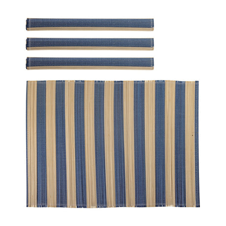 Marola Striped Bamboo Placemats, set of four, rolled and flat views showing blue and natural woven stripes, on a white background.