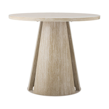 Ames round dining table in beige, featuring a round disc top and tapering cone base with angled flat panels, finished with a veined stone-like pattern, shown on a plain white background.