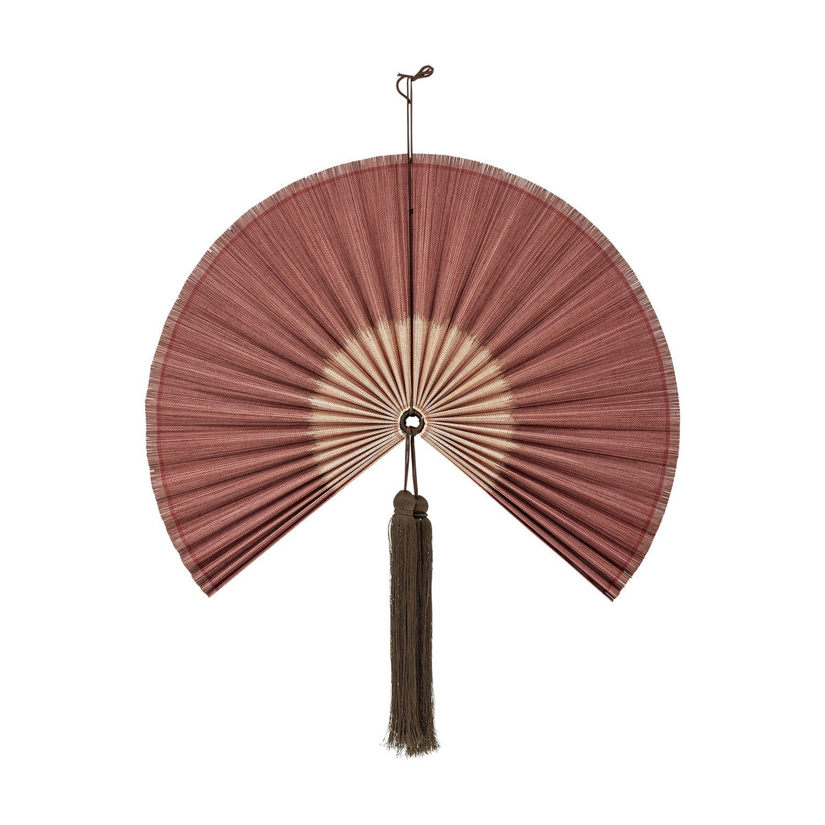 Jaime Bamboo Wall Decor in pink, a pleated fan-shaped wall art piece with a long hanging tassel at the hub, shown on a plain white background.