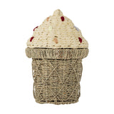 Cillie Seagrass Basket with Lid 41cm in Natural, ice cream cone-shaped kids storage basket with criss-cross woven base and domed lid dotted with colourful yarn sprinkles, on a white background.
