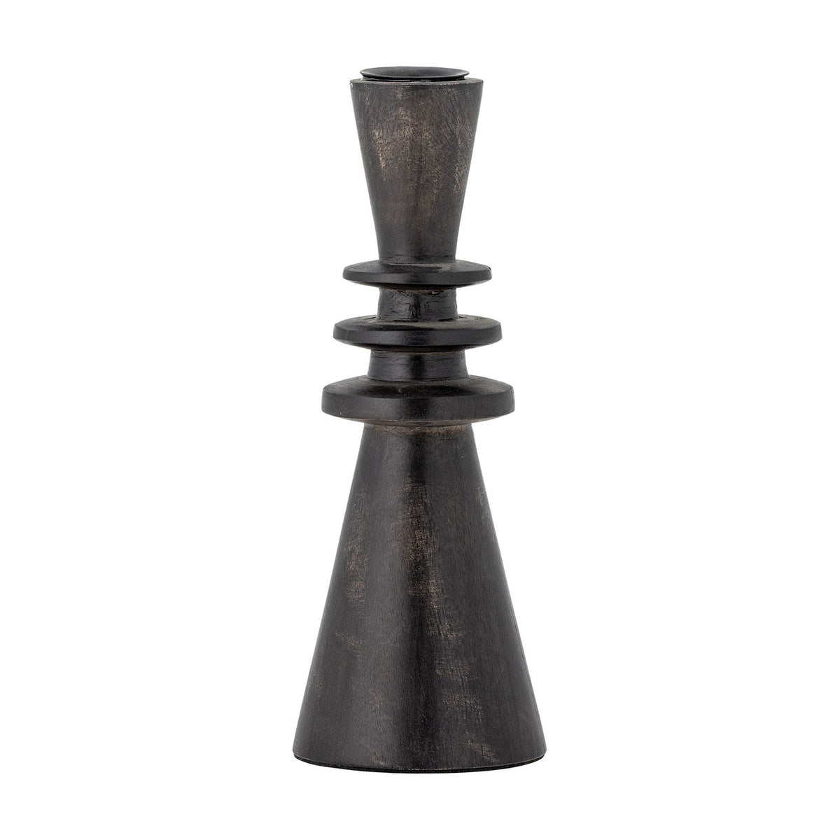 Armel Wooden Candle Holder, 20cm, black mango wood with a tapered cup, three stacked flat rings, and a flared conical base, shown against a plain white background.