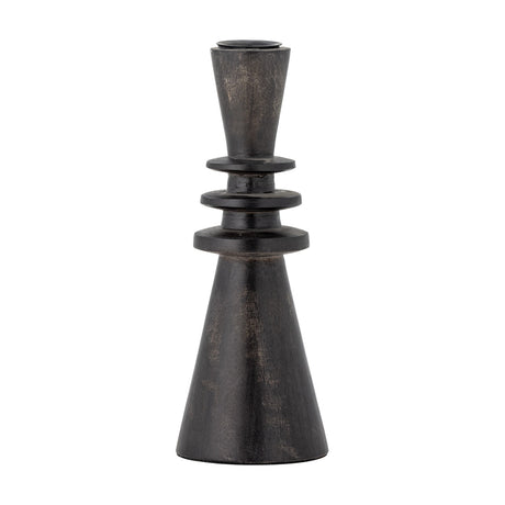 Armel Wooden Candle Holder, 20cm, black mango wood with a tapered cup, three stacked flat rings, and a flared conical base, shown against a plain white background.