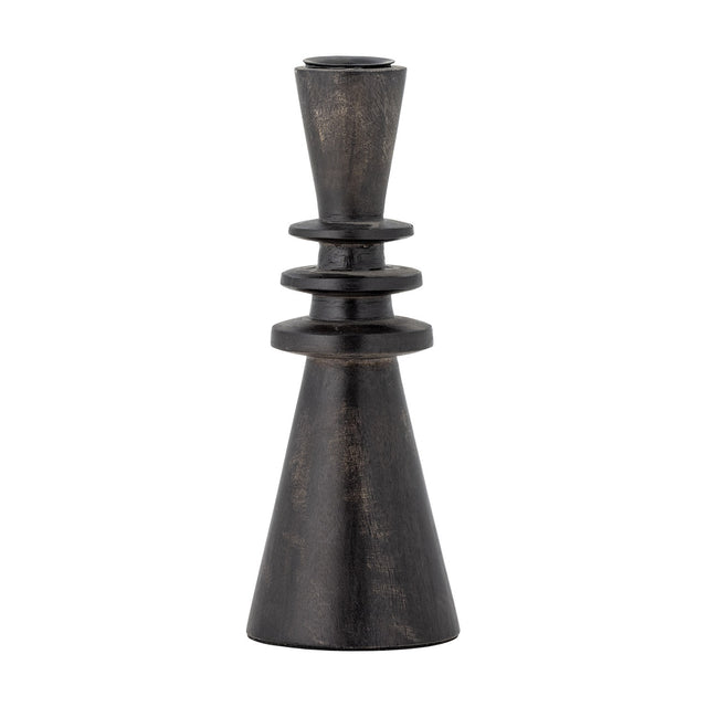 Armel Wooden Candle Holder, 20cm, black mango wood with a tapered cup, three stacked flat rings, and a flared conical base, shown against a plain white background.