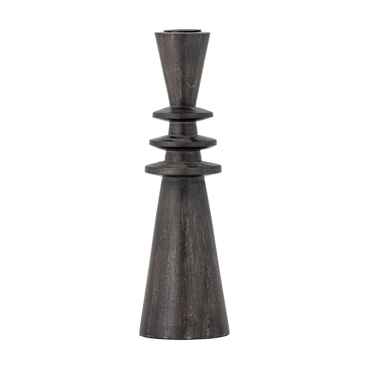 Armel Wooden Candle Holder 26cm in black mango wood, tall cone base, three stacked flat rings at the waist, and a smaller cone top for a taper candle, on a plain white background.