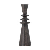 Armel Wooden Candle Holder 26cm in black mango wood, tall cone base, three stacked flat rings at the waist, and a smaller cone top for a taper candle, on a plain white background.