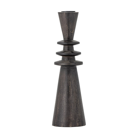 Armel Wooden Candle Holder 26cm in black mango wood, tall cone base, three stacked flat rings at the waist, and a smaller cone top for a taper candle, on a plain white background.