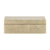 Nenon Storage Box with Lid in gold MDF, a low rectangular box with separate lid and textured high-gloss finish, shown on a plain white background.
