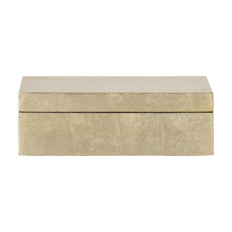 Nenon Storage Box with Lid in gold MDF, a low rectangular box with separate lid and textured high-gloss finish, shown on a plain white background.