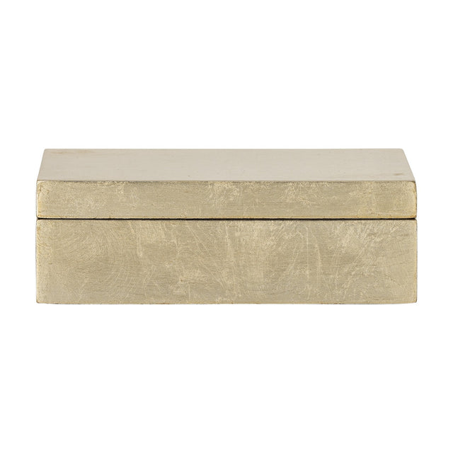 Nenon Storage Box with Lid in gold MDF, a low rectangular box with separate lid and textured high-gloss finish, shown on a plain white background.