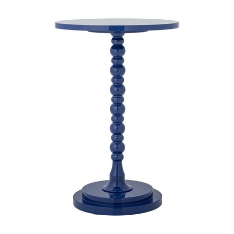 Ellar Round Side Table in blue, with a round flat top, beaded pedestal stem, and tiered round base, finished in high-gloss lacquer against a white background.