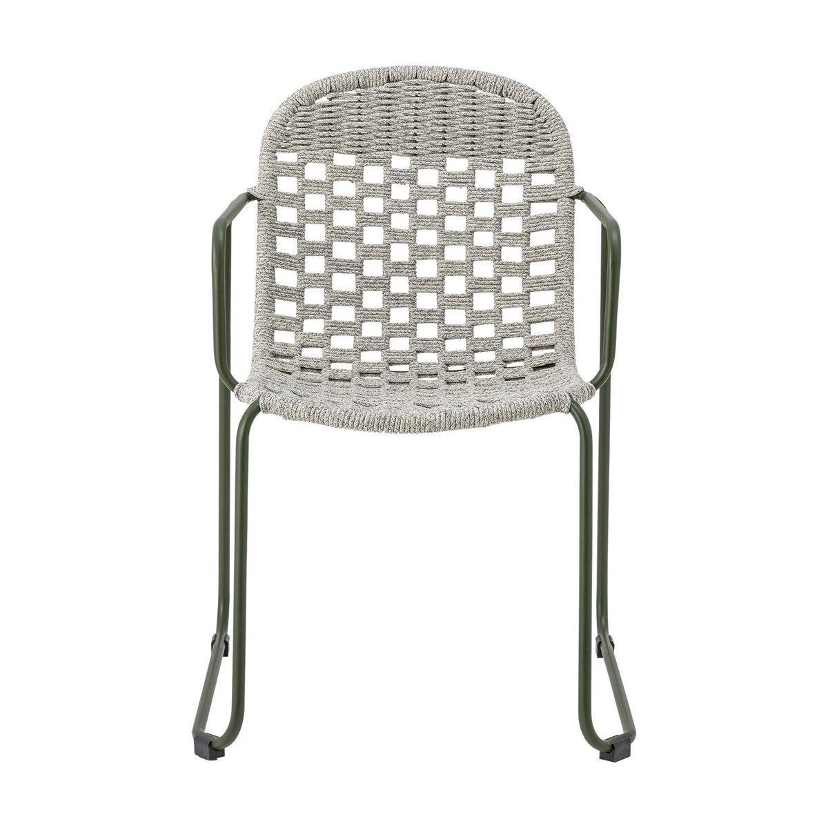 Calana Iron Garden Chair in grey, featuring a green powder-coated metal frame with a woven grey polypropylene cord seat and back in an open basketweave, curved armrests, on a plain white background.