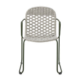 Calana Iron Garden Chair in grey, featuring a green powder-coated metal frame with a woven grey polypropylene cord seat and back in an open basketweave, curved armrests, on a plain white background.