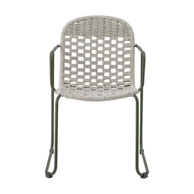 Calana Iron Garden Chair in grey, featuring a green powder-coated metal frame with a woven grey polypropylene cord seat and back in an open basketweave, curved armrests, on a plain white background.