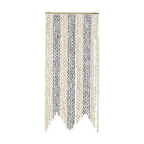 Loopi Bamboo Curtain in beige, long strands of linked rings in beige and dark grey hanging from a wooden bar, zigzag hem, shown on a plain white background.