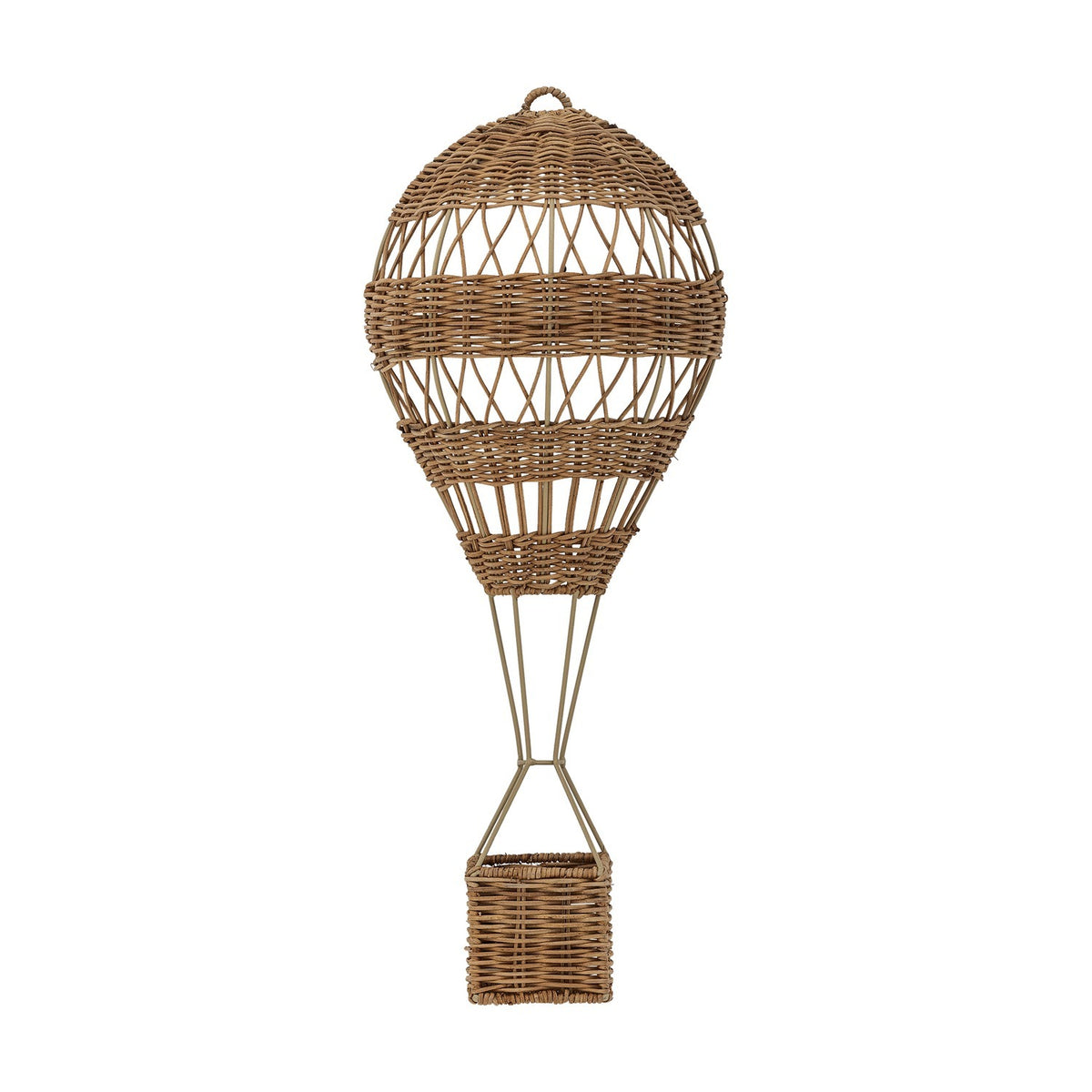 Huggi Rattan Wall Basket in Natural, a hot air balloon shaped wall basket with woven rattan bands over a slim iron frame and a small basket below, shown on a white background.